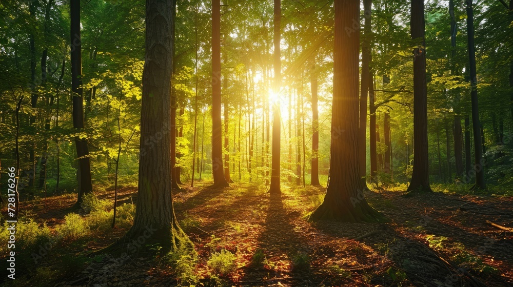 Fototapeta premium A beautiful forest bathed in sunlight as bright rays filter through the trees, Ai Generated.