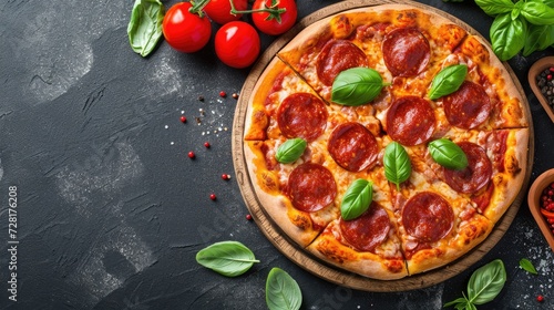 Tasty pepperoni pizza and cooking ingredients, tomatoes, basil, on a black concrete background, Ai Generated.
