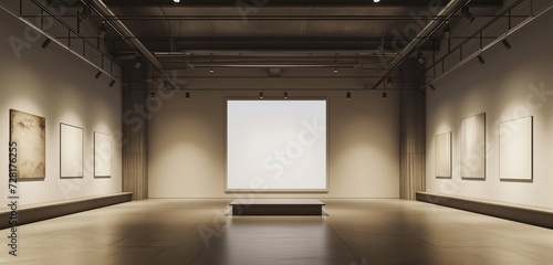 A sophisticated art gallery with minimalist design  showcasing a single empty frame highlighted by a spotlight  creating a stark contrast with the blank walls.