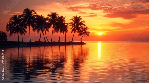 Sunset casts a warm glow over palm trees by the water's edge, a tropical oasis, Ai Generated © Crazy Juke