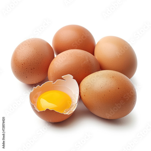 Group of brown eggs, one cracked revealing the yolk, Ai Generated.