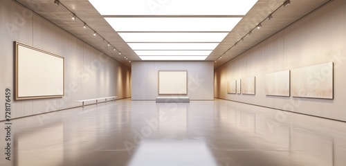 A spacious art gallery with high ceilings and a solitary empty frame.