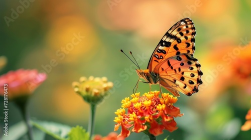 A graceful butterfly gently alights on a vibrant flower in a garden, Ai Generated.