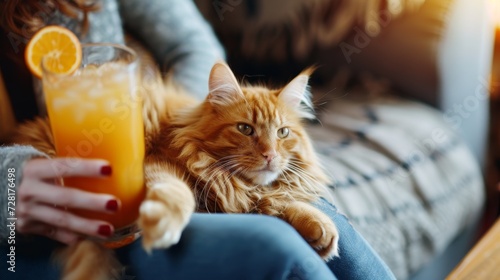 A cat sits comfortably on a person's lap, both enjoying an orange drink, Ai Generated.