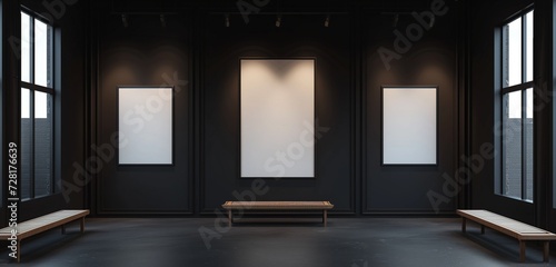 A stylish art gallery with a single empty frame, placed against a backdrop of matte black walls.