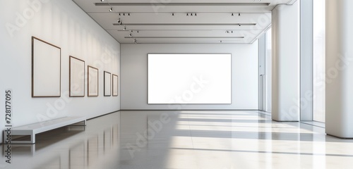 An elegant art gallery with a single, large empty frame, set against a backdrop of pure, uncluttered walls.