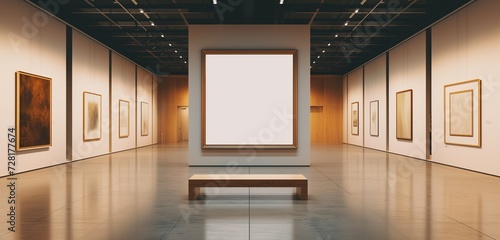 An upscale art gallery with a minimalist vibe, showcasing a solitary empty frame.