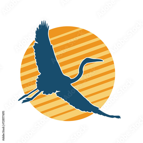 Silhouette of crane bird in elegant pose isolated on white background.