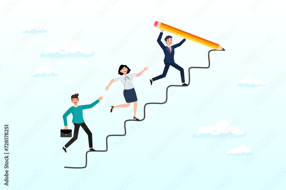 Businessman leader draw stair with pencil to lead team walk up to target, leader to guide team to achieve success, manager to develop career path or improvement plan, growth or progress (Vector)