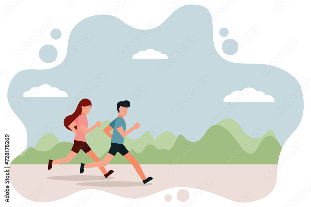 Men and women wearing jogging clothes are running in the park. Outdoor exercise. Athletics. Lifestyle for good health. Couples who invite each other to exercise. Vector illustration flat design style