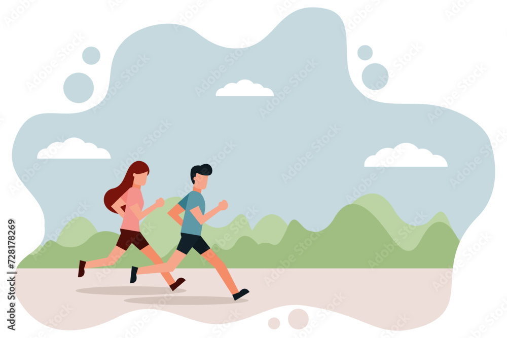 Men and women wearing jogging clothes are running in the park. Outdoor exercise. Athletics. Lifestyle for good health. Couples who invite each other to exercise. Vector illustration flat design style Men and women wearing jogging clothes are running in the park. Outdoor exercise. Athletics. Lifestyle for good health. Couples who invite each other to exercise. Vector illustration flat design style