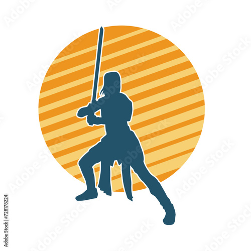 Silhouette of a female fighter in action pose carrying sword weapon.