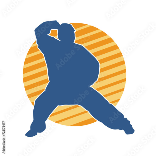 Silhouette of a man in oriental martial art pose. Silhouette of a male in martial art move.