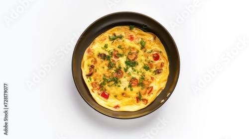 Omelet with bacon and parsley on a white background.