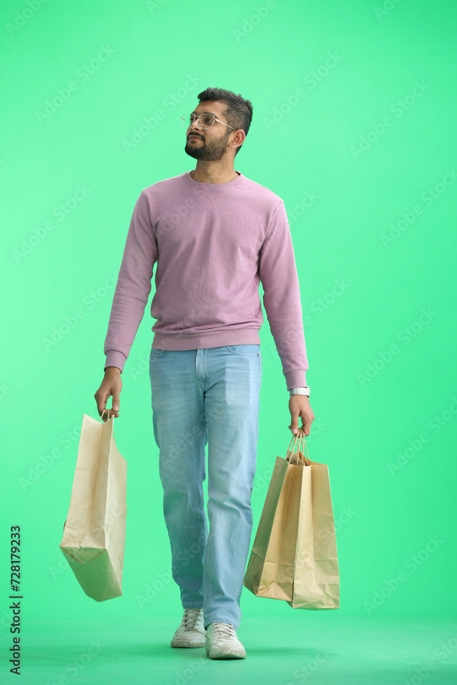 Man, on a green background, full-length, with bags Man, on a green background, full-length, with bags