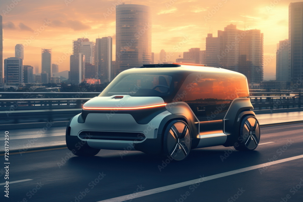 Naklejka premium ev car run on the road with city background