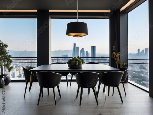 A modern apartment, the dining room boasts an elegant table and chairs, while the empty living room features a striking dark wall design, all with a panoramic view, and a contemporary design.