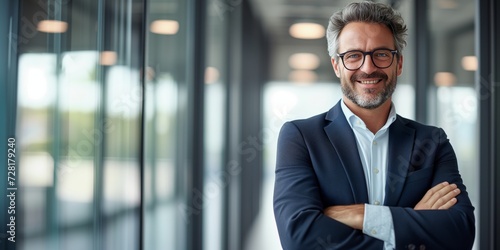 Smiling confident mature businessman looking at camera standing in office. Elegant stylish corporate leader successful ceo executive manager wearing glasses photo