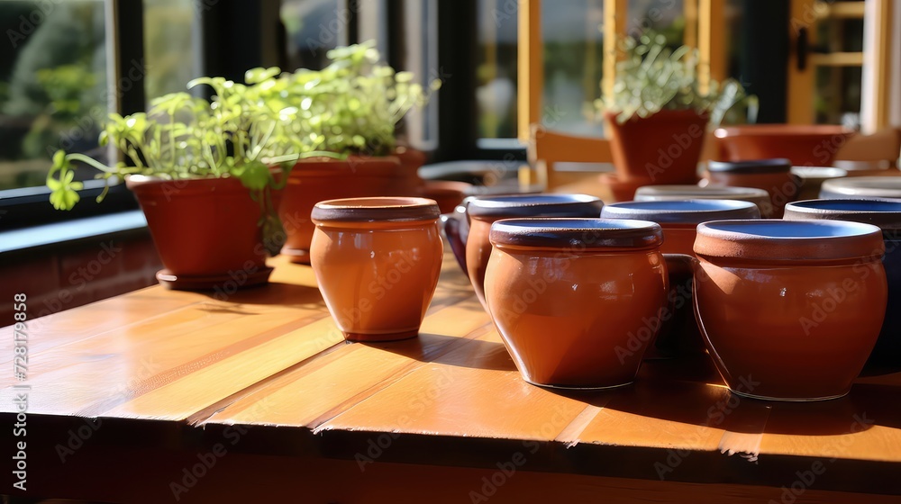 Plants in terracotta pots on wooden table in coffee shop Plants in terracotta pots on wooden table in coffee shop