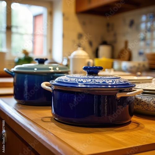 Closeup of blue enameled pots and pans on kitchen countertop