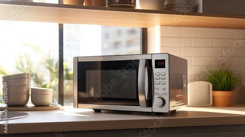 Microwave oven on the table in kitchen. 3d rendering