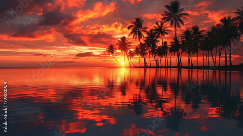 A tranquil ocean reflecting the fiery reds and oranges of the sunset with the silhouettes of palm trees creating a tropical paradise. © Justlight