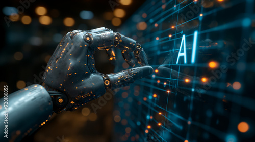 A visually striking infographic showcasing "AI" in bold letters, with a detailed representation of a robot's sleek, metallic hand about to touch a human's hand. generative AI
