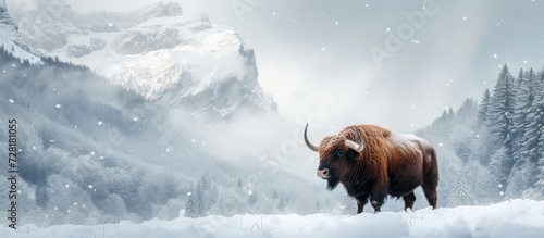 European Winter Wonderland: Majestic Snow-Covered Alps and Iconic European Bisons Surrounded by Serene Winter Scenery and Mesmerizing Horns photo