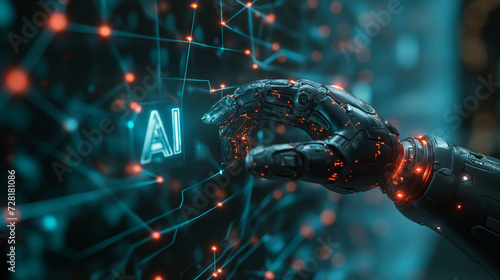 A visually striking infographic showcasing "AI" in bold letters, with a detailed representation of a robot's sleek, metallic hand about to touch a human's hand. generative AI