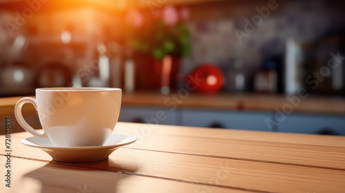 Coffee cup on wooden table in front of kitchen background.