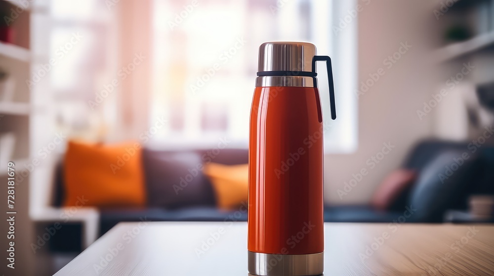 Mockup of a red thermos bottle on a wooden table - obrazy, fototapety, plakaty 