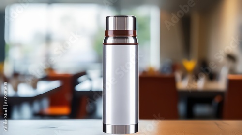 Mockup of a gray thermos bottle on a wooden table in kitchen photo