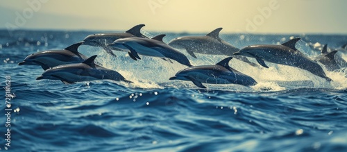 Big Group of Dolphins Jumping in the Majestic Ocean
