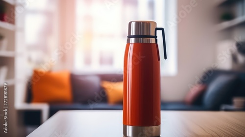 Mockup of a red thermos bottle on a wooden table