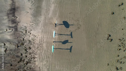 Group of surfers and their shadows walking down the beach