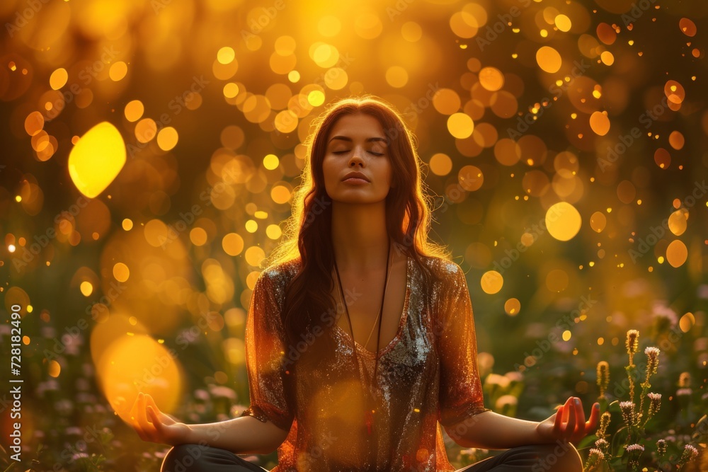 woman meditating in the lotus position, in the style of ethereal light effects