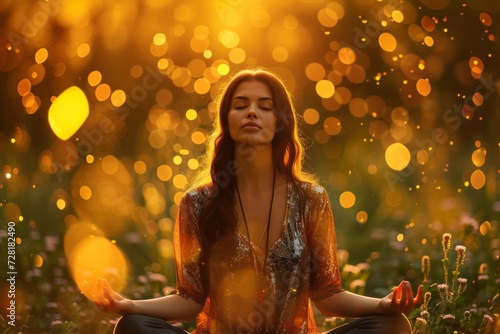 woman meditating in the lotus position, in the style of ethereal light effects