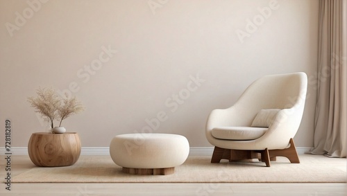 Fabric lounge chair and wood stump beige stucco wall with copy space. White minimalist home interior design of modern living room.