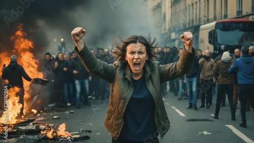 angry woman with fists in the air, in the middle of a street protest