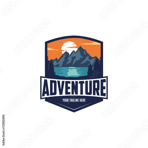 vintage adventure logo, mountain, lake and river sunset logo. outdoor rocky peak adventure. Summer camp, glitter, animation, outdoor logo, vacation travel logo