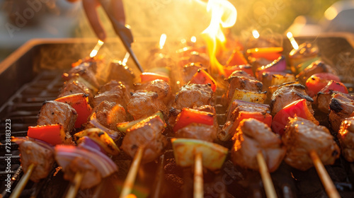 As the sun sets in the background the pitmaster carefully flips skewers of tender marinated kebabs on the grill. The sizzle of the vegetables mixes with the sweet and savory photo