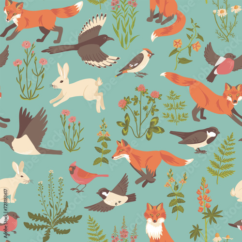 vector drawing seamless pattern with foxes and rabbits, birds and flowers, hand drawn cover design with animals and plants