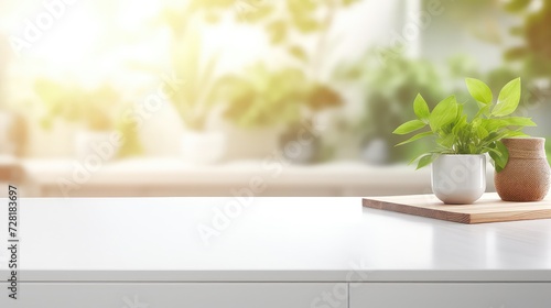 Close up of wooden table in modern kitchen interior. Mock up,