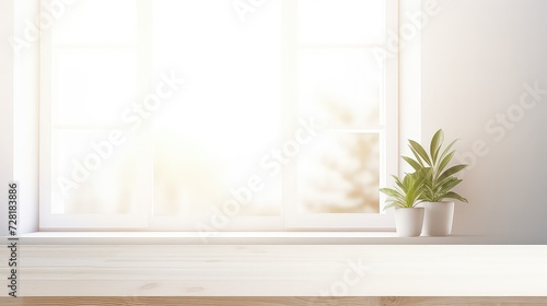 Wooden table in front of window. and plant and pot 3d rendering, mock up
