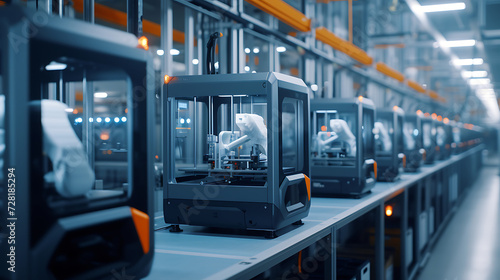 Impressoras 3 D em ação em uma planta de manufatura produzindo protótipos e componentes representando a inovação e eficiência da manufatura aditiva