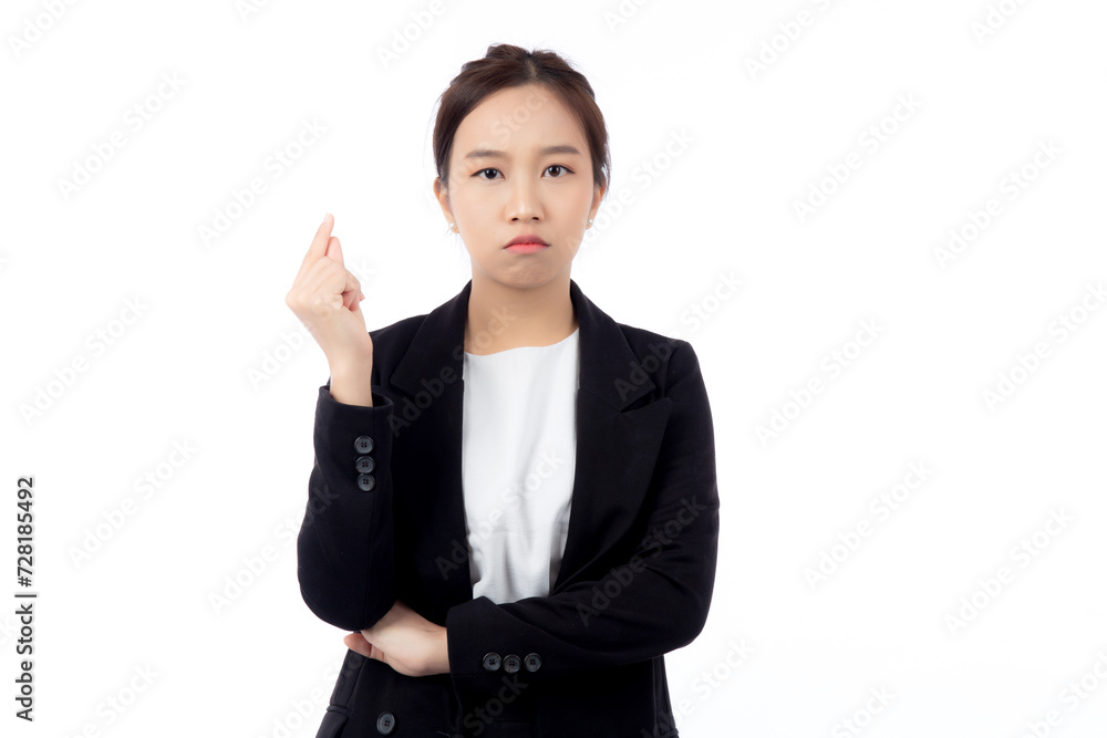 Portrait beautiful young asian businesswoman standing thinking idea with doubt for planning while serious isolated white background, business woman decision for choice with expression confused. Portrait beautiful young asian businesswoman standing thinking idea with doubt for planning while serious isolated white background, business woman decision for choice with expression confused.
