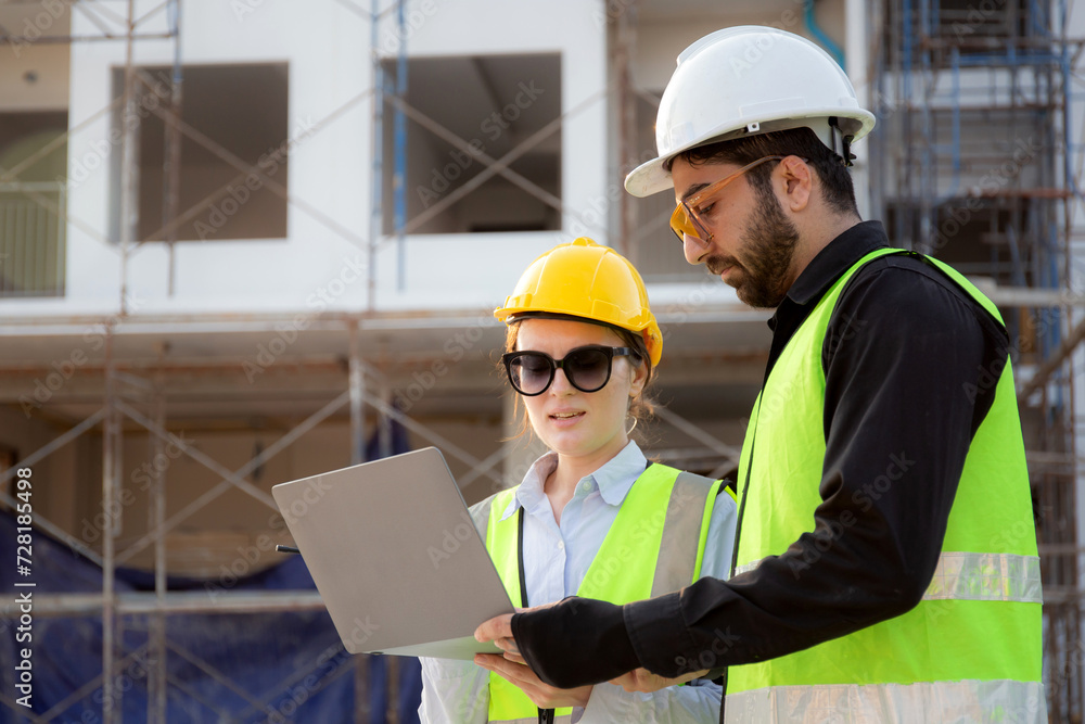 Team of architect or engineer looking laptop for inspection and planning construction at construction site, contractor or builder examining and checking project development house, industry concept. Team of architect or engineer looking laptop for inspection and planning construction at construction site, contractor or builder examining and checking project development house, industry concept.