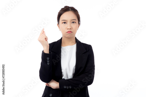 Portrait beautiful young asian businesswoman standing thinking idea with doubt for planning while serious isolated white background, business woman decision for choice with expression confused.