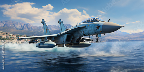 Fotobehang Fighter jet fighter in the ocean flying over sea in very low attitude3d render illustration
