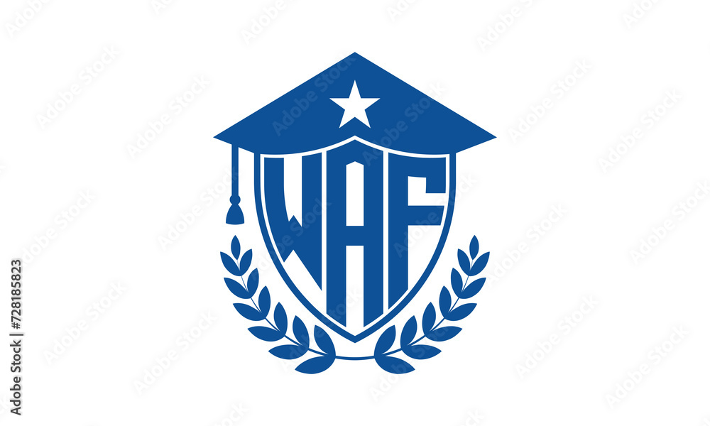 WAF three letter iconic academic logo design vector template. monogram, abstract, school, college, university, graduation cap symbol logo, shield, model, institute, educational, coaching canter, tech WAF three letter iconic academic logo design vector template. monogram, abstract, school, college, university, graduation cap symbol logo, shield, model, institute, educational, coaching canter, tech